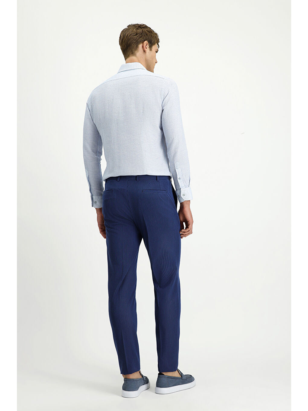 Lacivert Super Slim Fit Ekstra Dar Kesim Elastanlı Çizgili Klasik Kumaş Pantolon-3