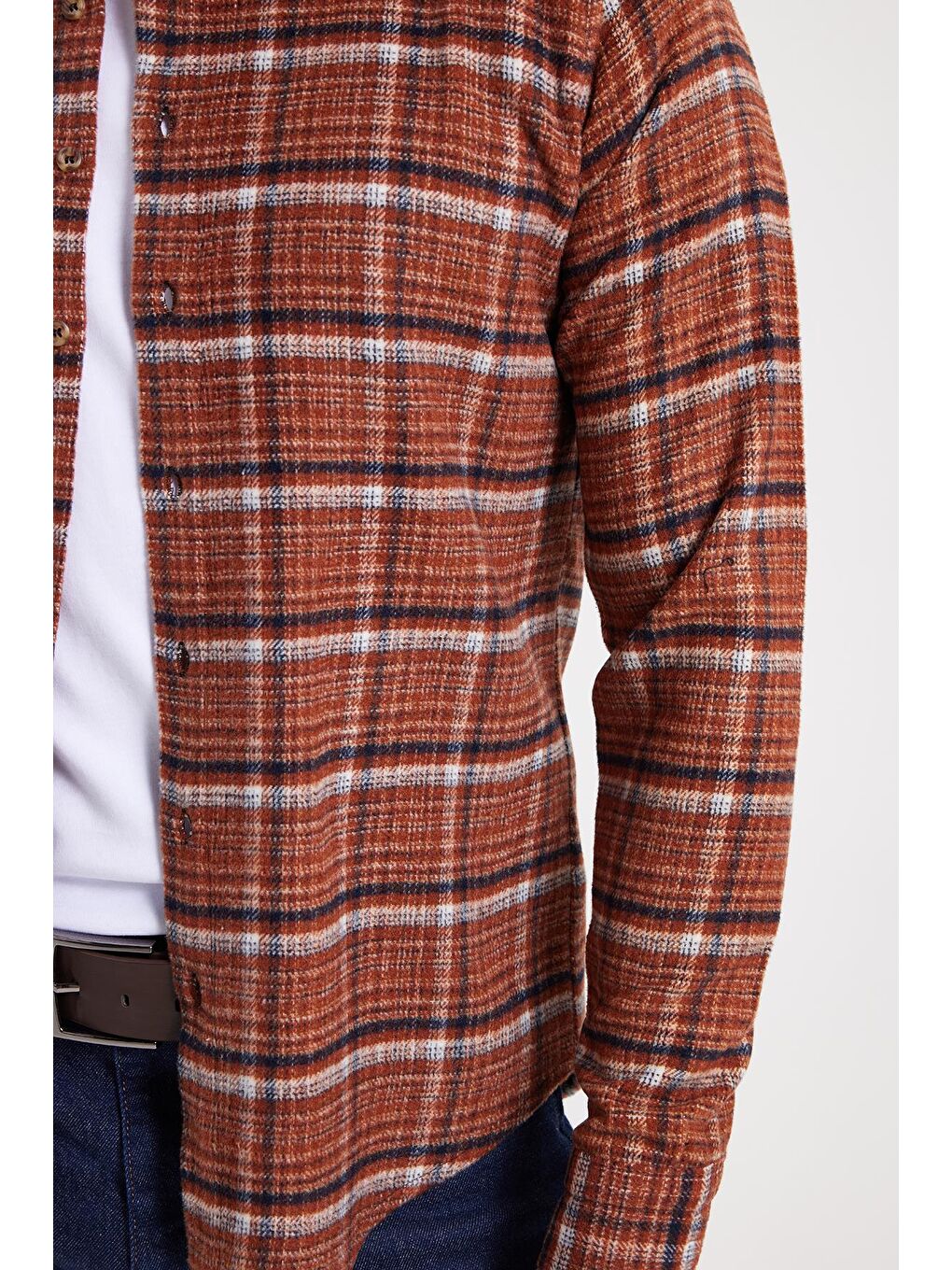 Kahverengi Erkek Slim Fit Dar Kesim Kareli Kışlık Oduncu Gömlek-3