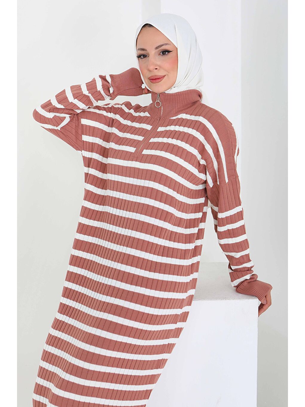 Pembe Fermuarlı Çizgili Triko Elbise Gul Kurusu - 27931-GUL-KURUSU-3