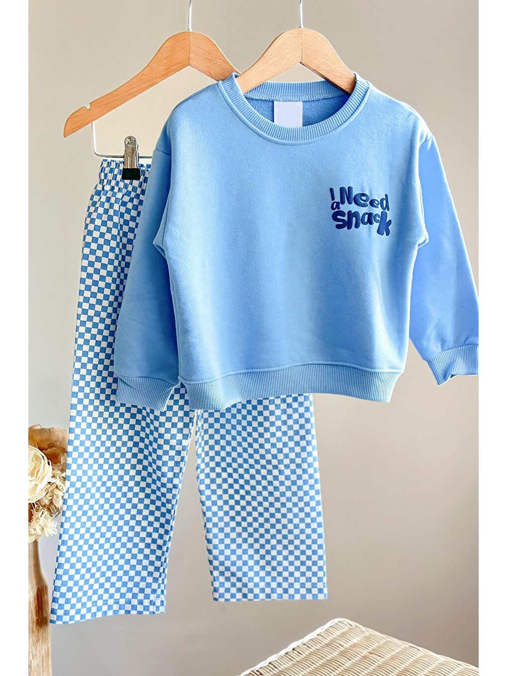 Mavi Erkek Çocuk Baskılı 3 İplik Kumaş Kanvas Pantolonlu Pamuklu Alt Üst Takım-1