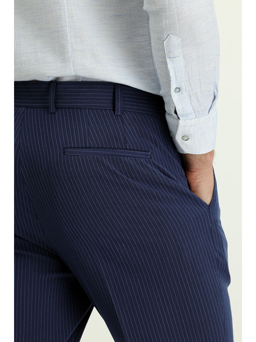 Lacivert Super Slim Fit Ekstra Dar Kesim Elastanlı Çizgili Klasik Kumaş Pantolon-5