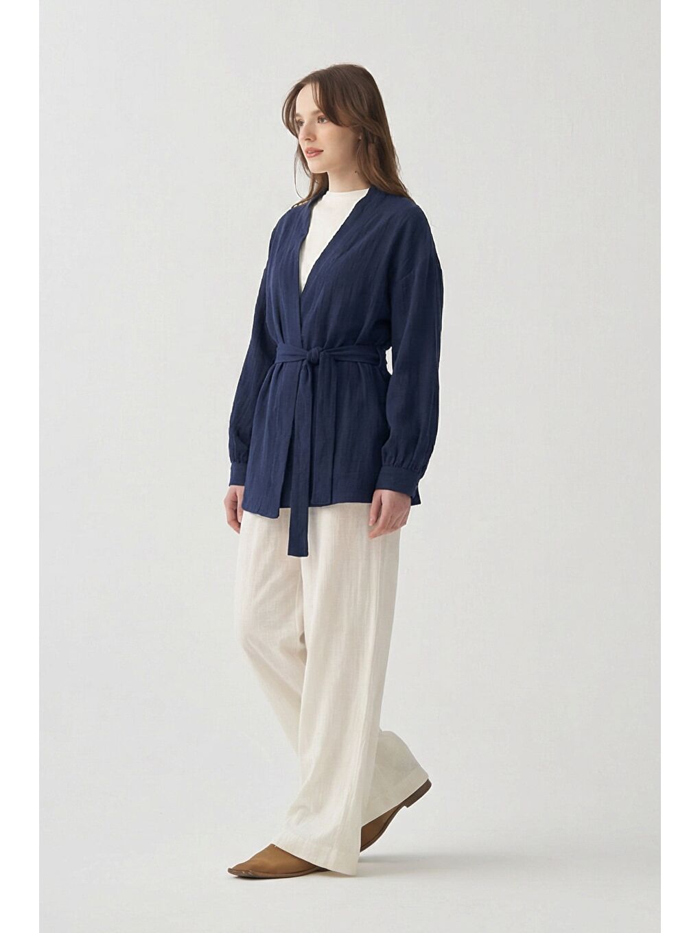 Lacivert-Belden Bağlamalı Müslin Ceket-1