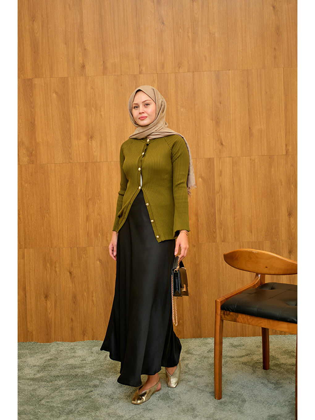 Kadın Kabartma Çizgi Detaylı Hırka Yağ Yeşil-2