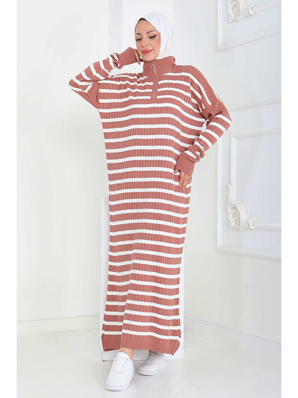 Pembe Fermuarlı Çizgili Triko Elbise Gul Kurusu - 27931-GUL-KURUSU-4