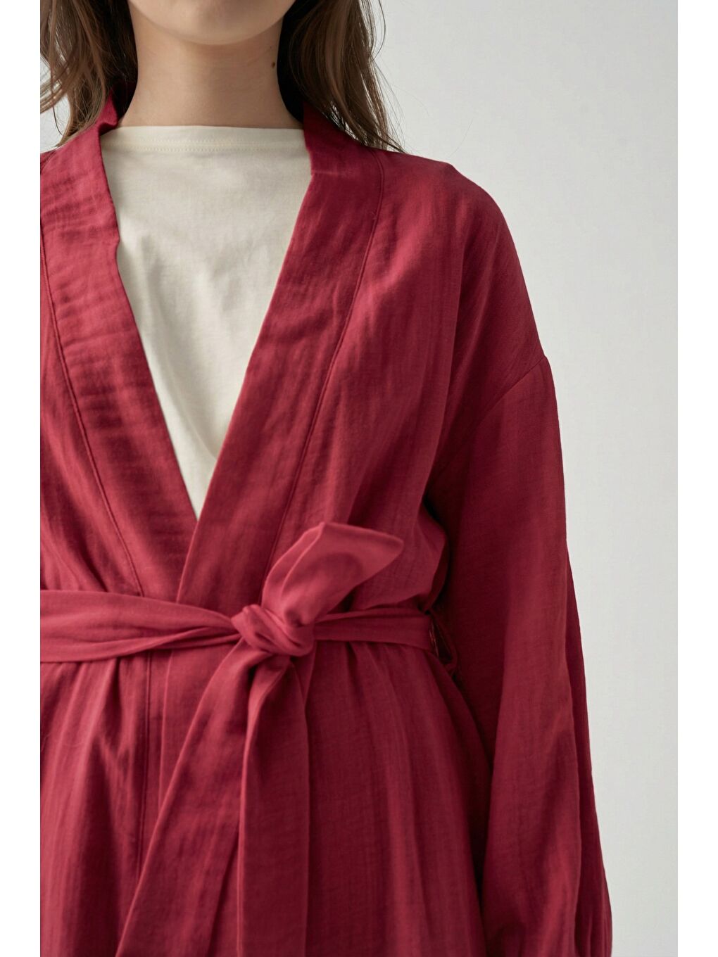 Bordo-Belden Bağlamalı Müslin Ceket-3
