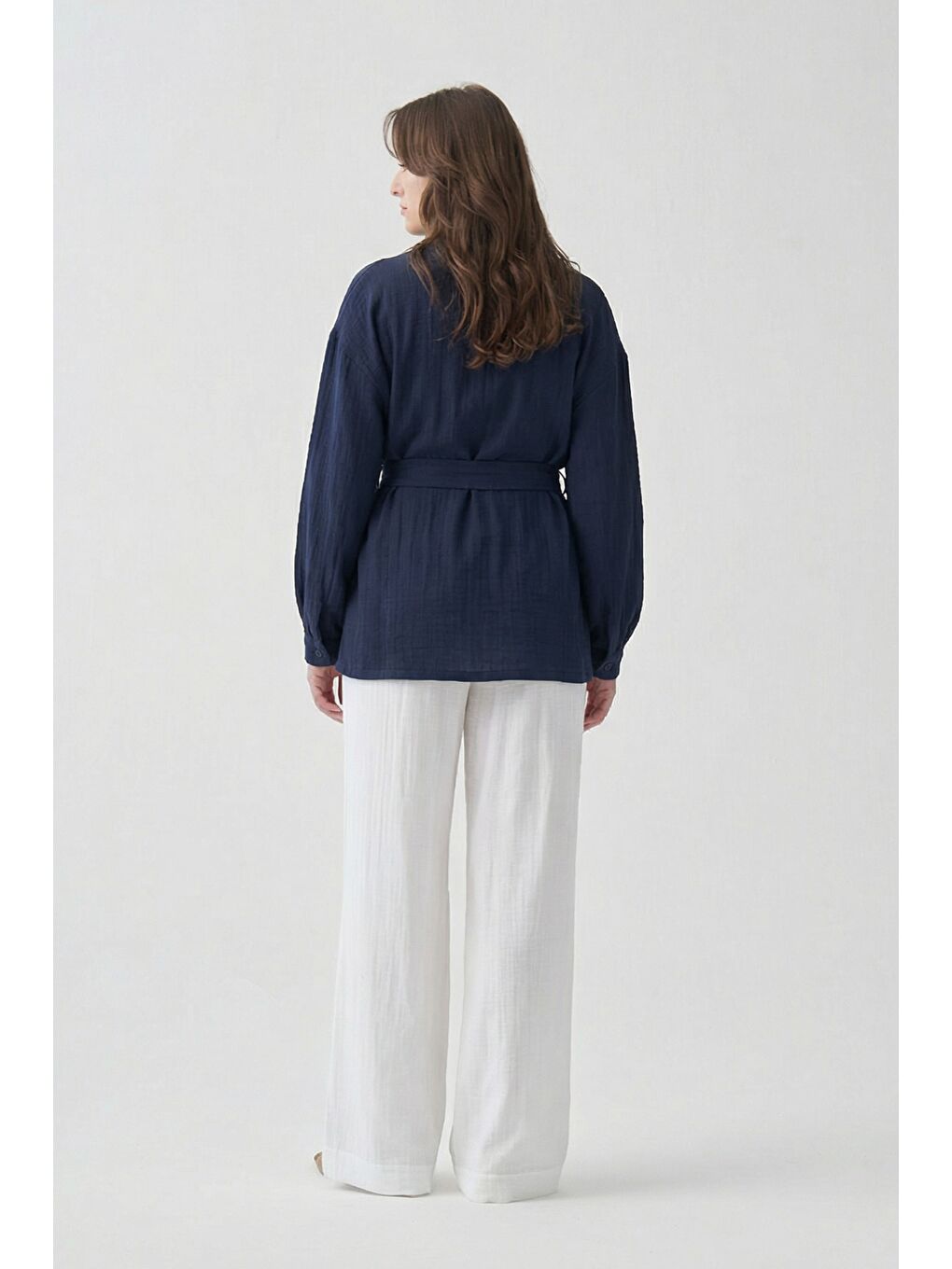 Lacivert-Belden Bağlamalı Müslin Ceket-2