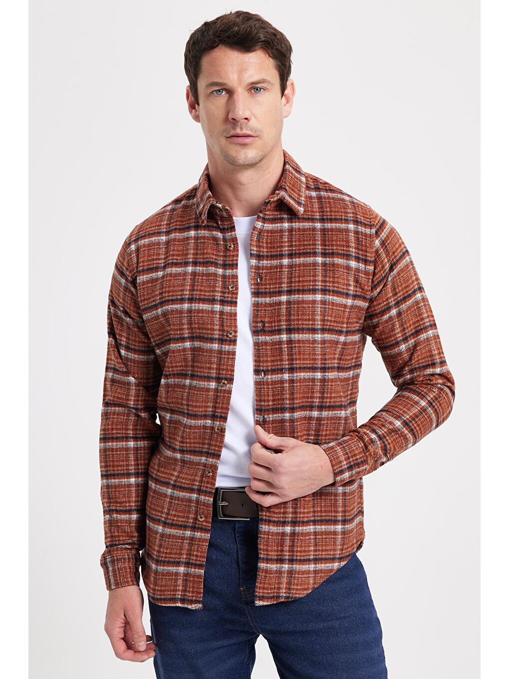 Kahverengi Erkek Slim Fit Dar Kesim Kareli Kışlık Oduncu Gömlek-6