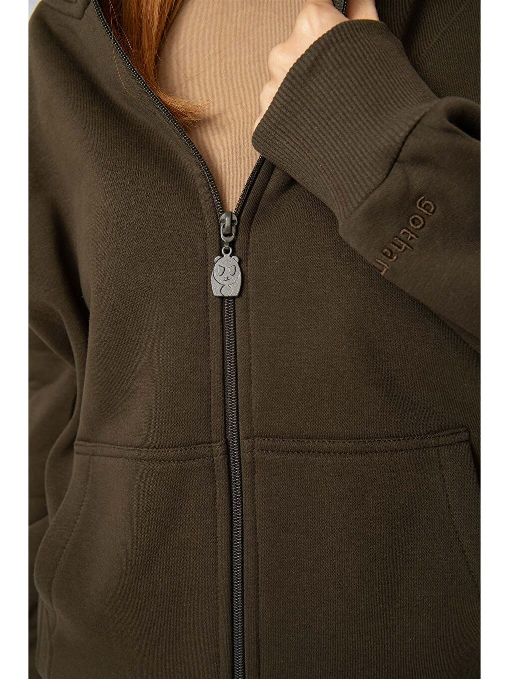 Kadın Oversize Fermuarlı Kapüşonlu Haki Sweatshirt-3