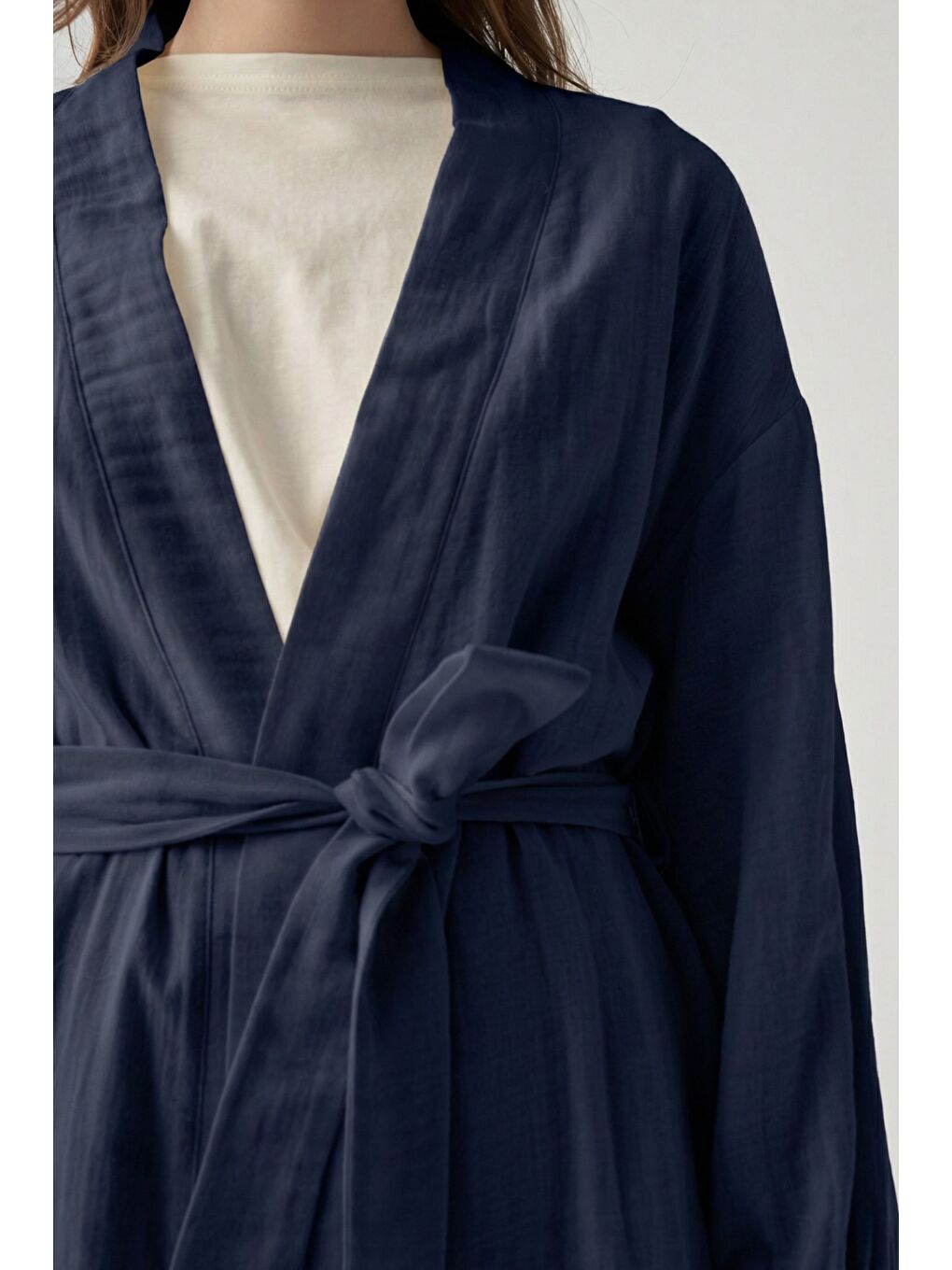 Lacivert-Belden Bağlamalı Müslin Ceket-3