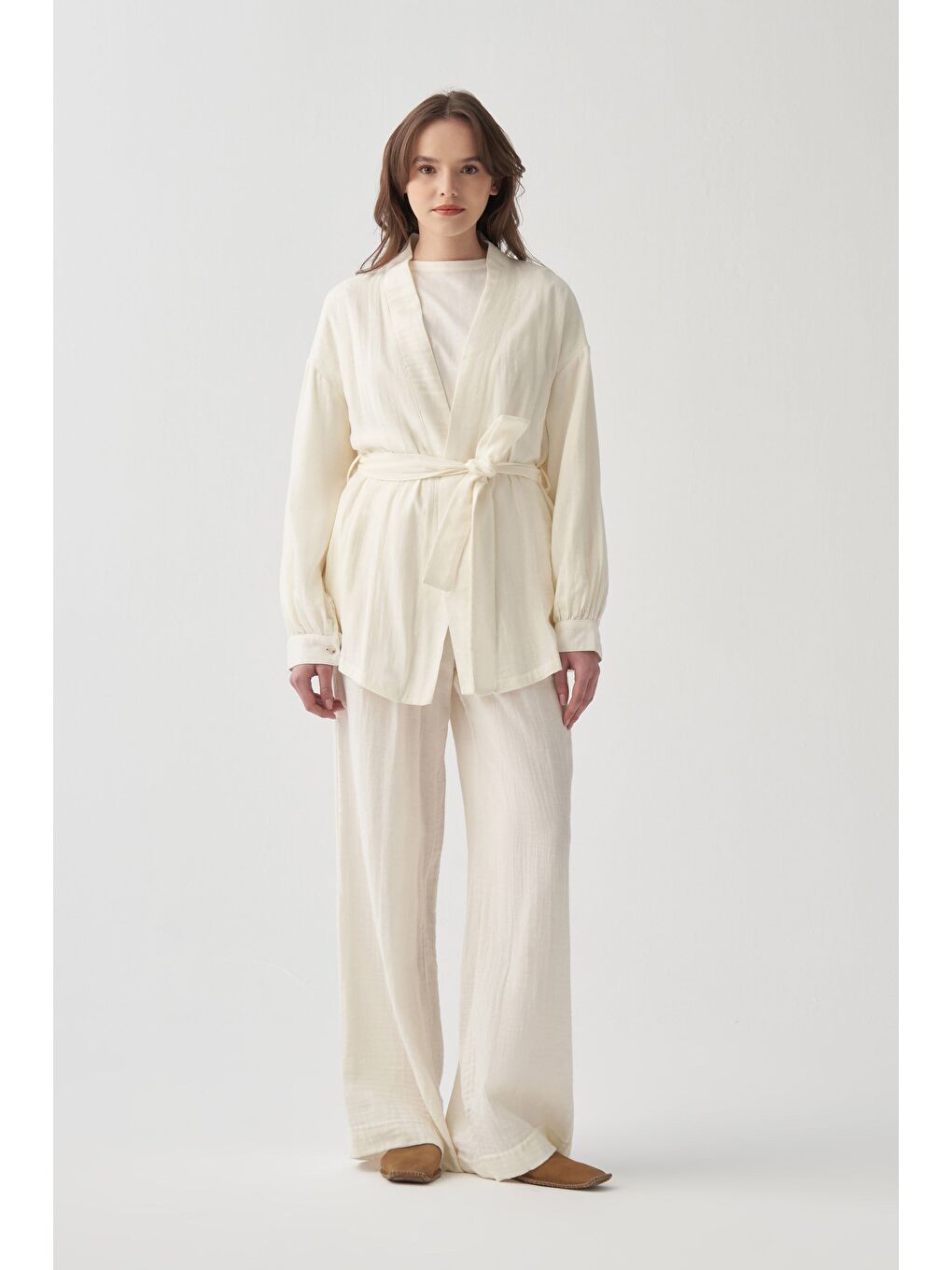 Ekru-Belden Bağlamalı Müslin Ceket-1