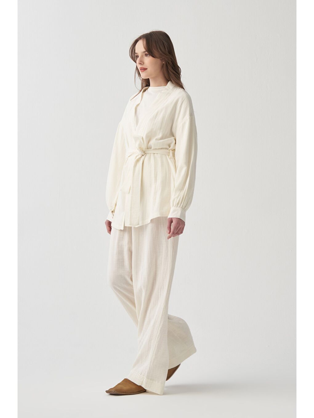 Ekru-Belden Bağlamalı Müslin Ceket-2