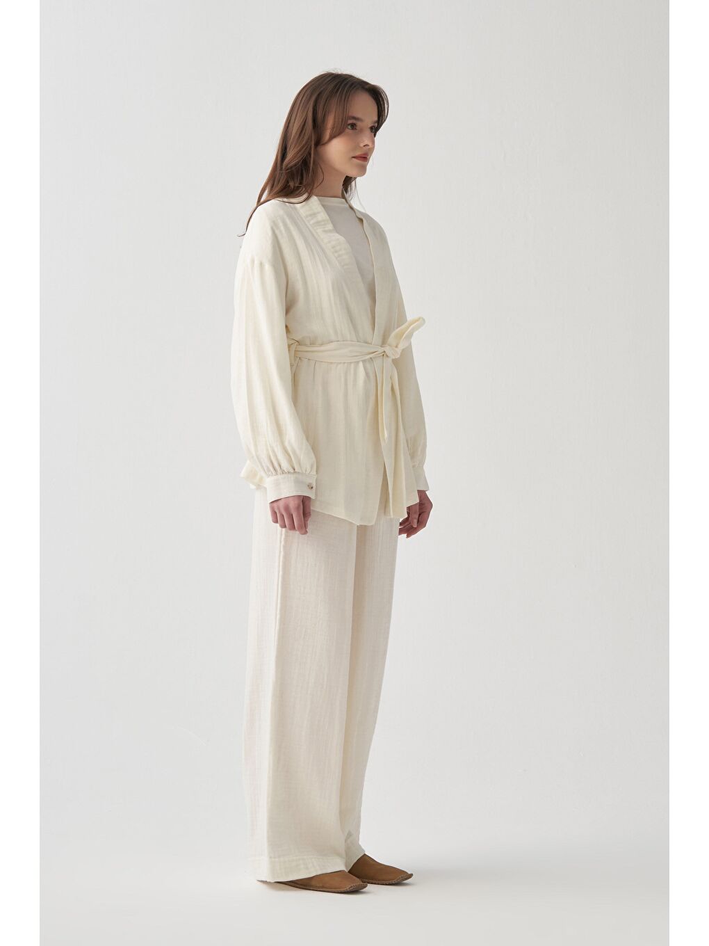 Ekru-Belden Bağlamalı Müslin Ceket-3