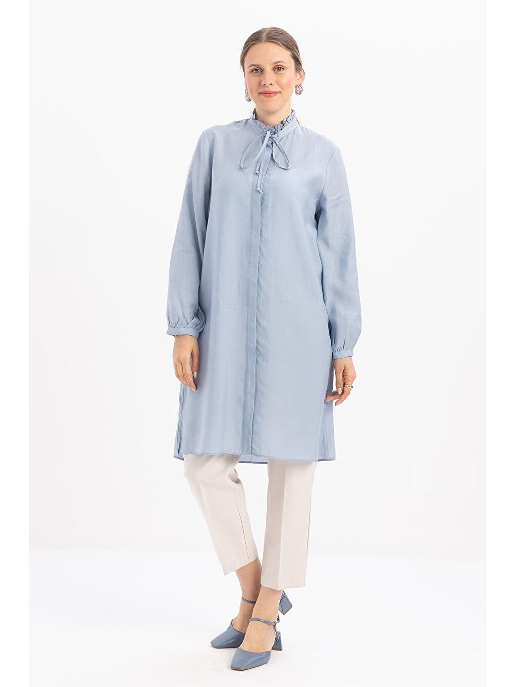 Kahverengi Mavi-Yakası Fırfırlı Bağcıklı Uzun Gömlek