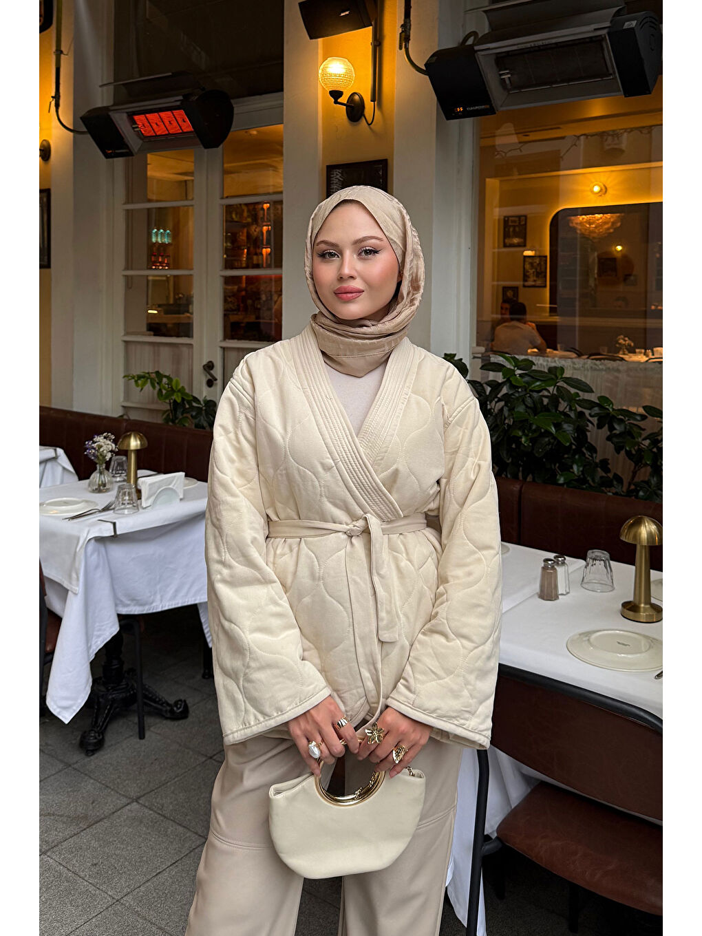 Ekru Kadın Nakış Desenli Bel Bağlamalı Ceket Krem-1