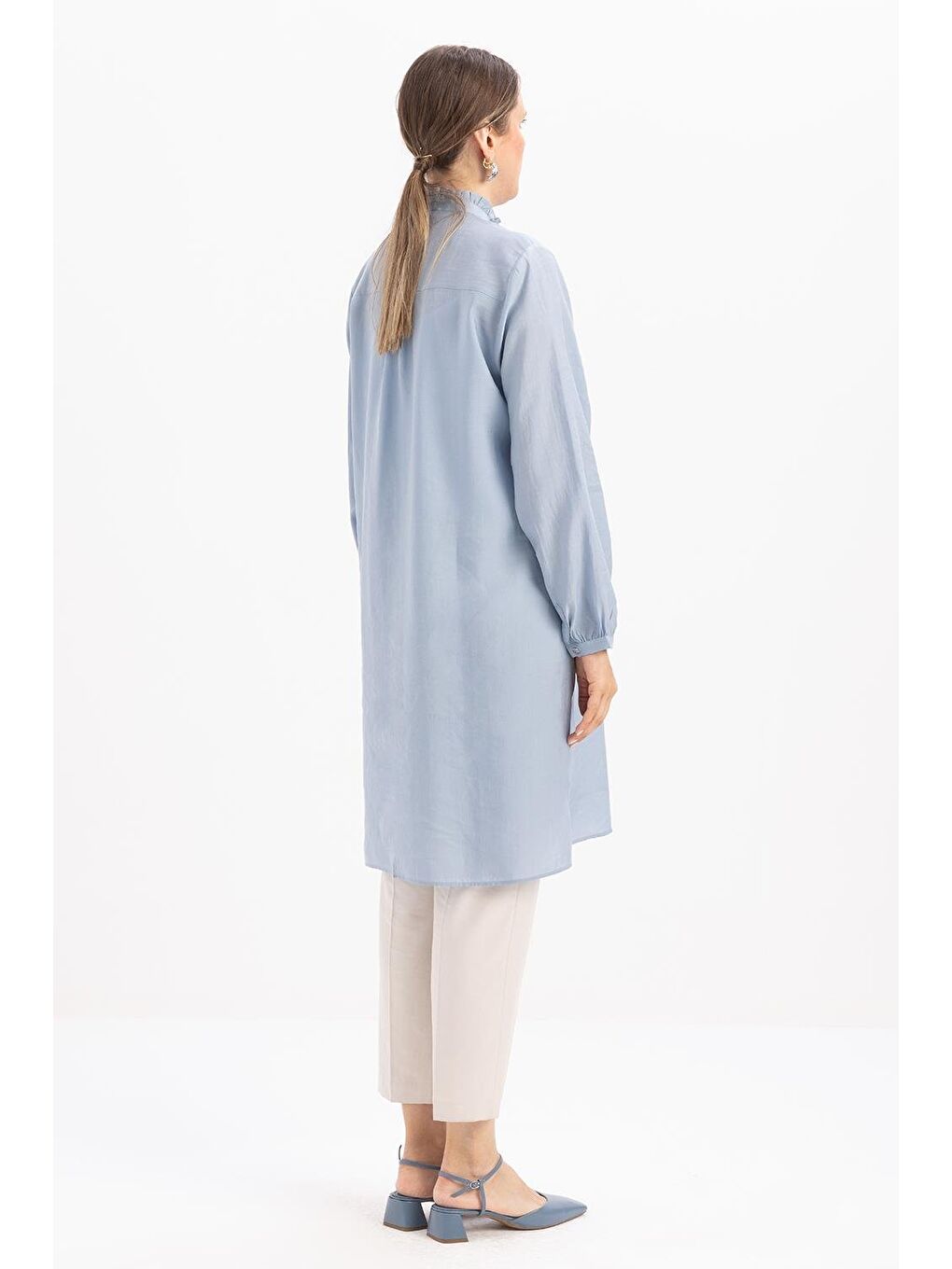 Kahverengi Mavi-Yakası Fırfırlı Bağcıklı Uzun Gömlek-2