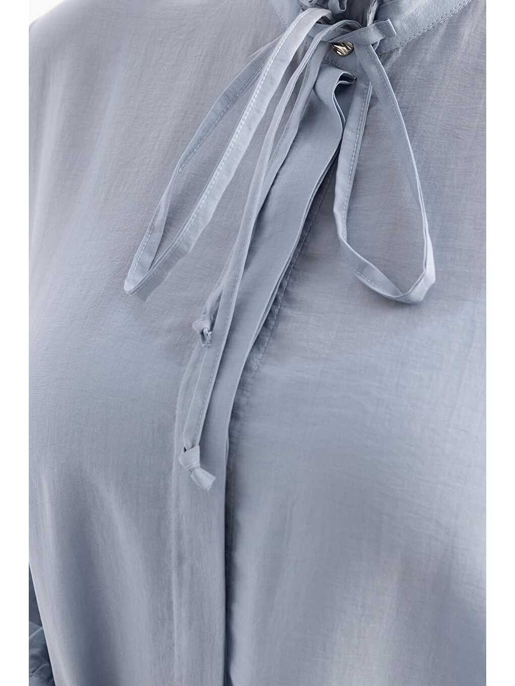 Kahverengi Mavi-Yakası Fırfırlı Bağcıklı Uzun Gömlek-3