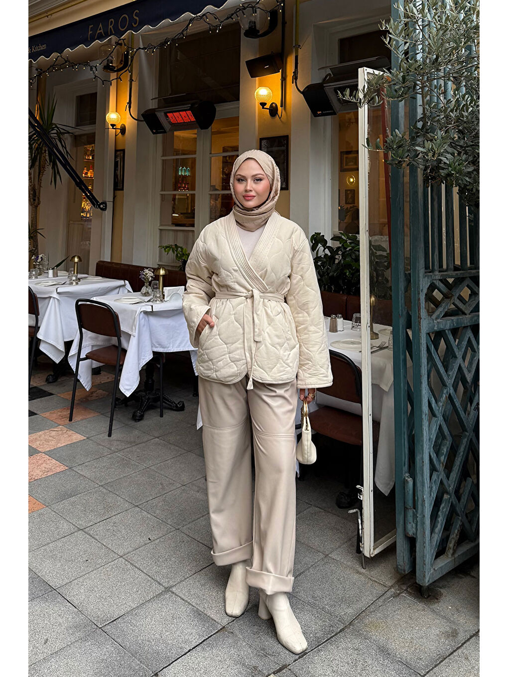 Ekru Kadın Nakış Desenli Bel Bağlamalı Ceket Krem-2