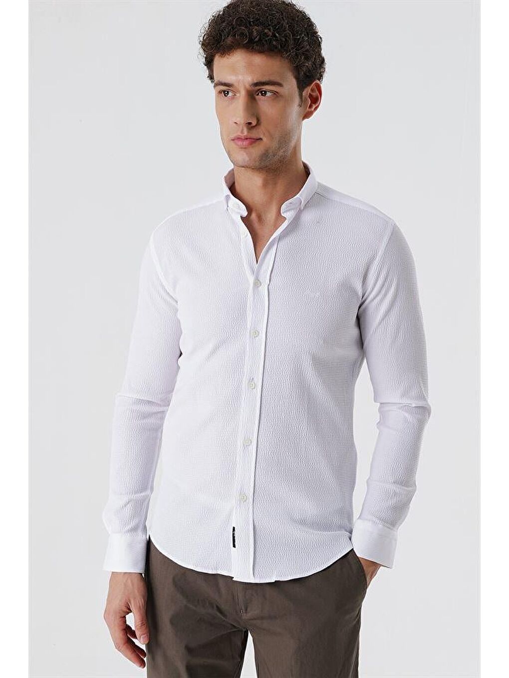 Beyaz Uzun Kollu Gofreli Cepsiz Pamuklu Elastanlı Klasik Slim Fit Dar Kesim Gömlek 1004230178-2