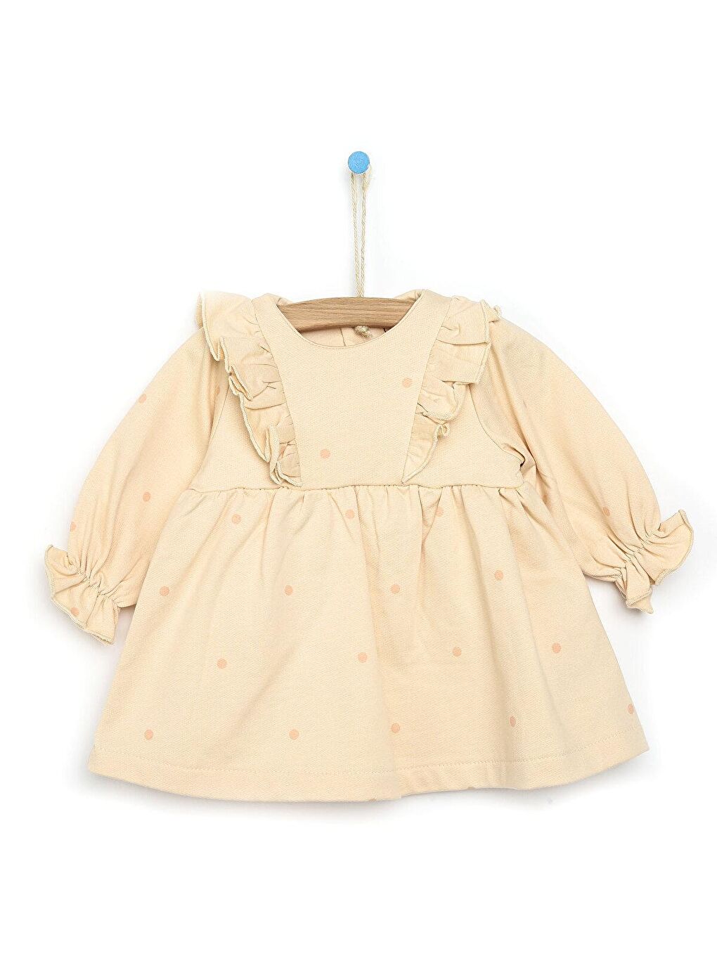 Ekru Soft Puantiyeli Fırfırlı Kol Detaylı Rahat Elbise