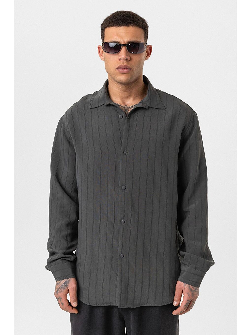 Çizgili Uzun Kol Oversize Gömlek Antrasit