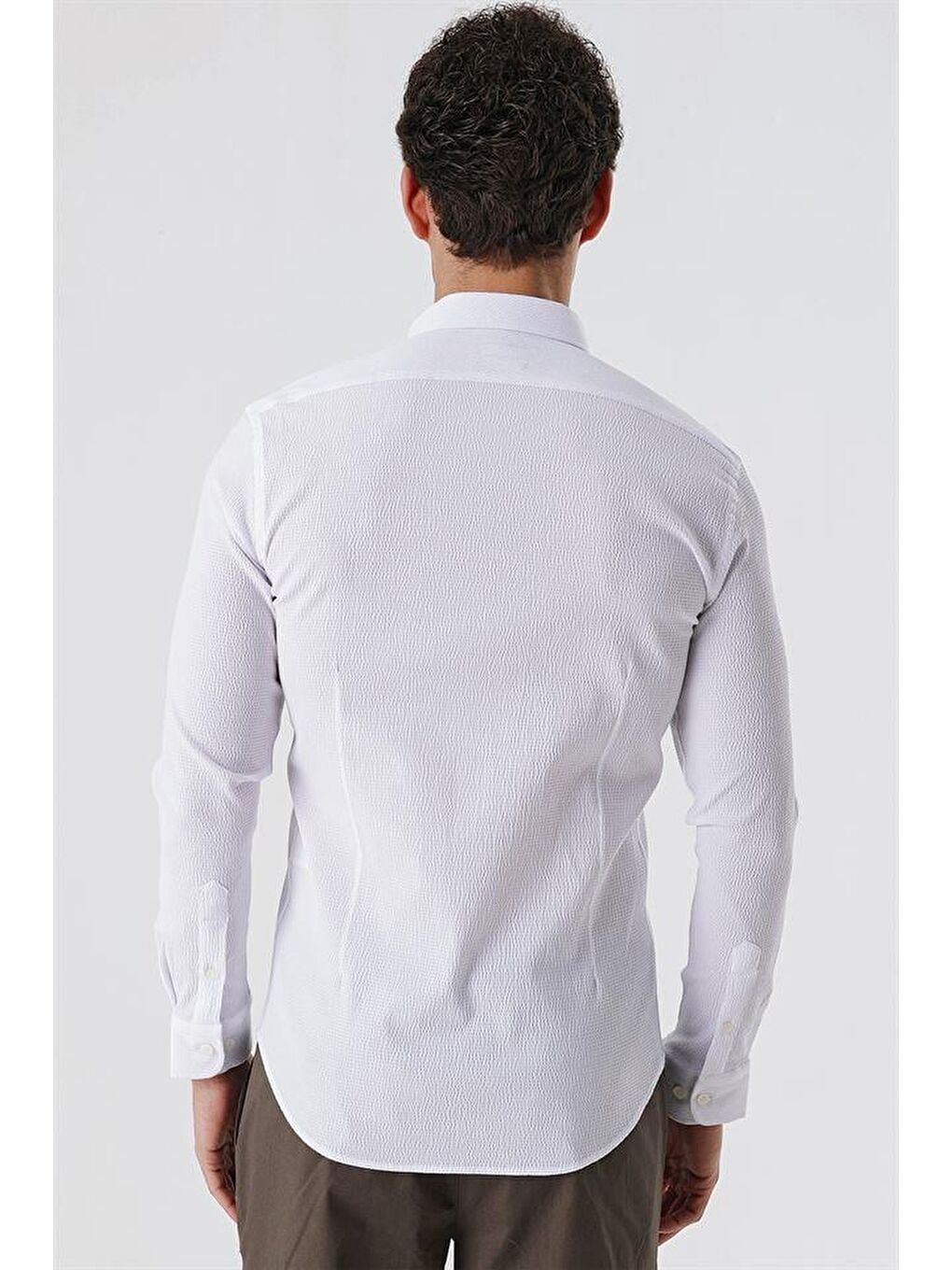 Beyaz Uzun Kollu Gofreli Cepsiz Pamuklu Elastanlı Klasik Slim Fit Dar Kesim Gömlek 1004230178-5