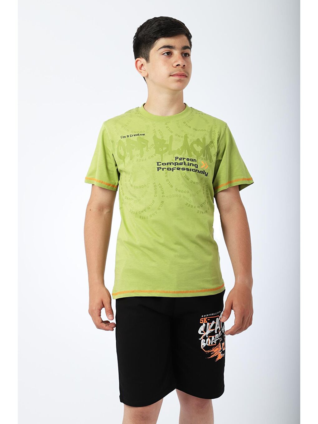 Yeşil Erkek Çocuk Tshirt Şort Yazlık Takım Kay Kay Baskılı-4