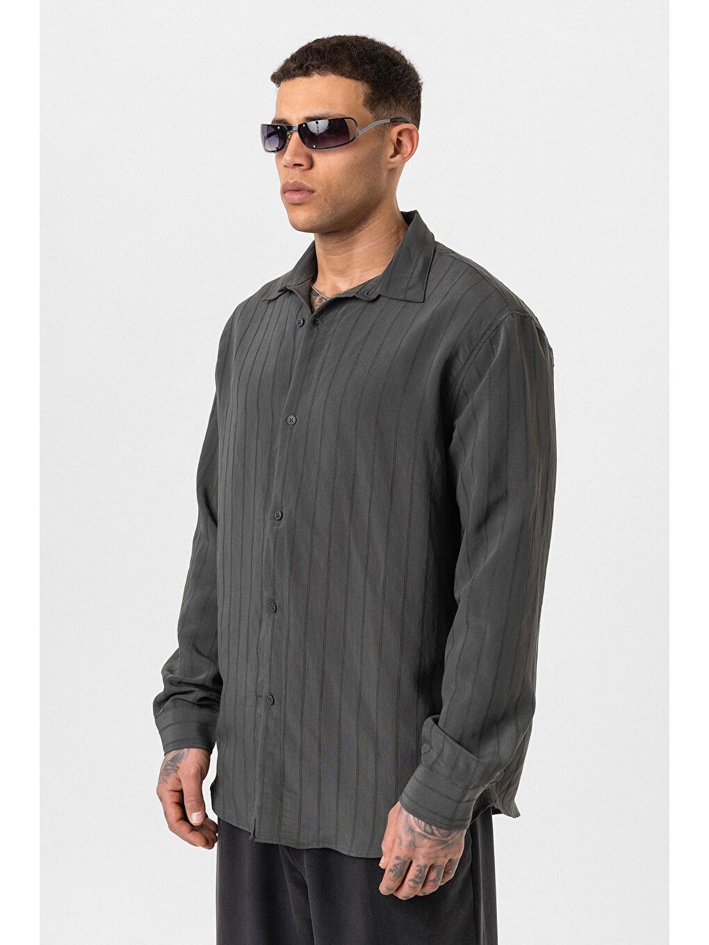 Çizgili Uzun Kol Oversize Gömlek Antrasit-2