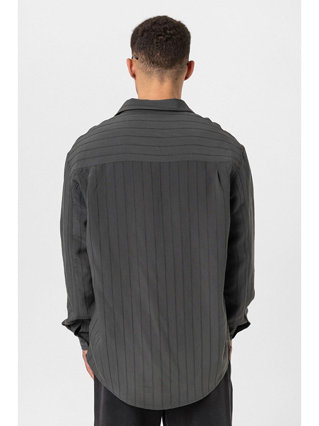 Çizgili Uzun Kol Oversize Gömlek Antrasit-3