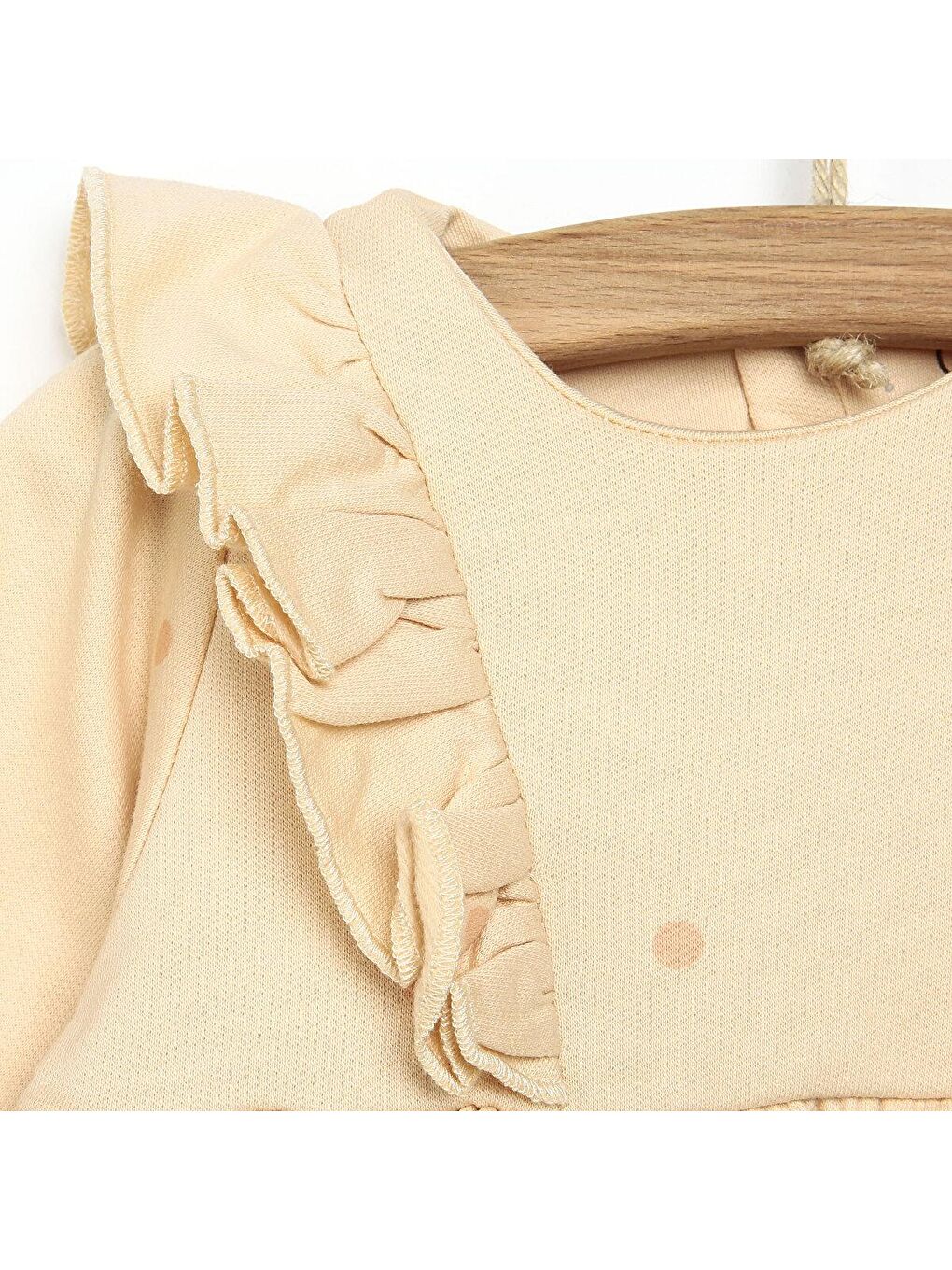 Ekru Soft Puantiyeli Fırfırlı Kol Detaylı Rahat Elbise-2