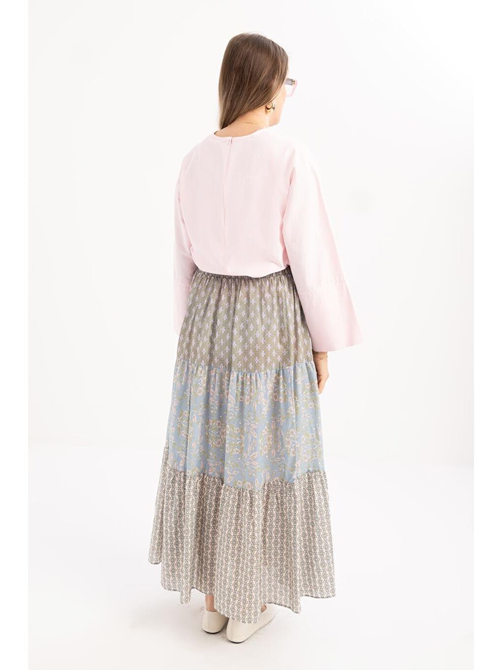 Pembe-Mavi-Beli Lastikli Fırfırlı Etek-2