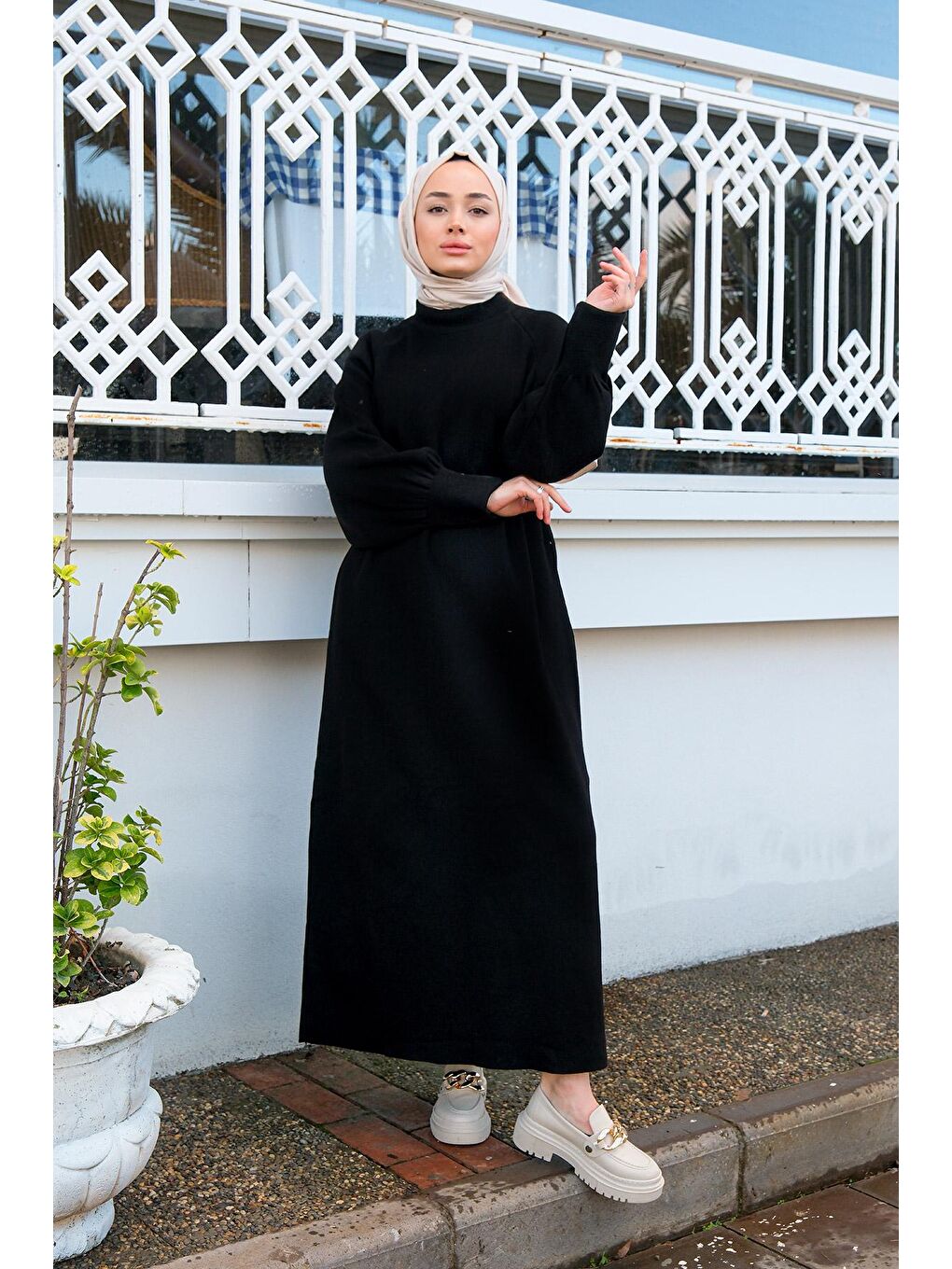 Balıkçı Yaka Triko Elbise Siyah-1