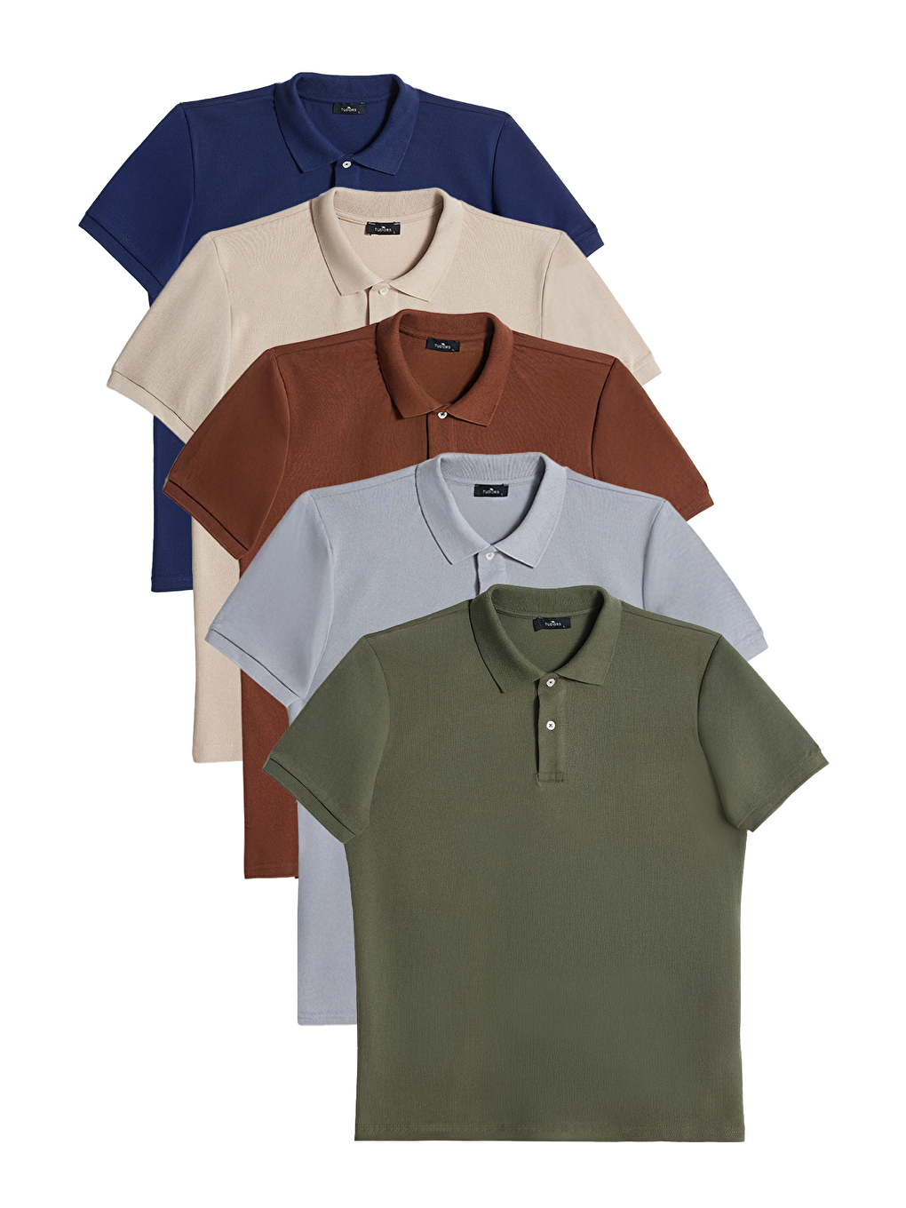 Karışık Erkek 5'li Paket Lacivert-Taş-Kahverengi-Gri-Haki Slim Fit Pamuklu Düz Pike Polo Yaka Tişört
