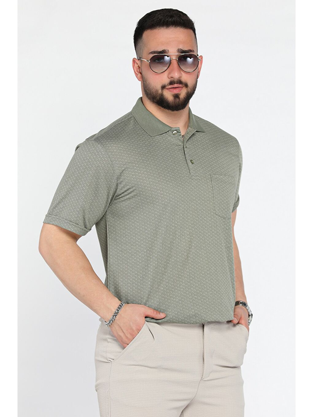 Haki Erkek Tek Cepli Polo Yaka Desenli Tişört