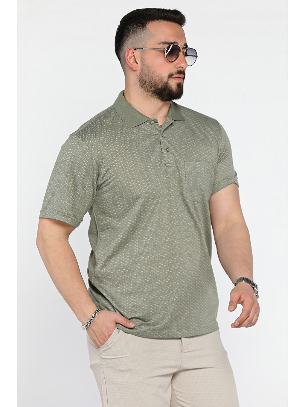 Haki Erkek Tek Cepli Polo Yaka Desenli Tişört-1