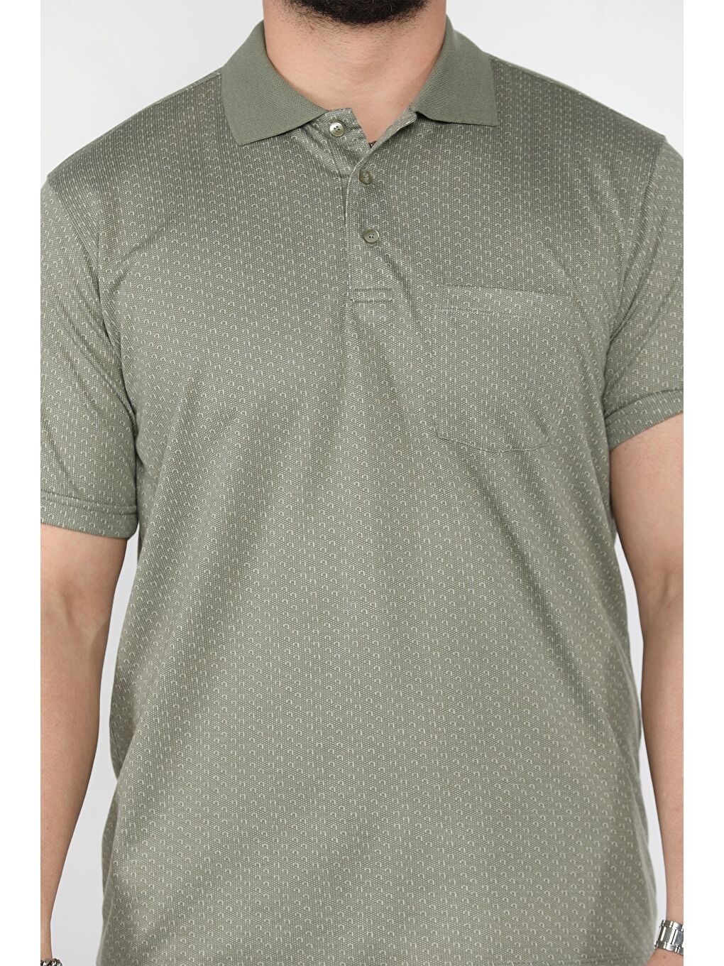 Haki Erkek Tek Cepli Polo Yaka Desenli Tişört-3