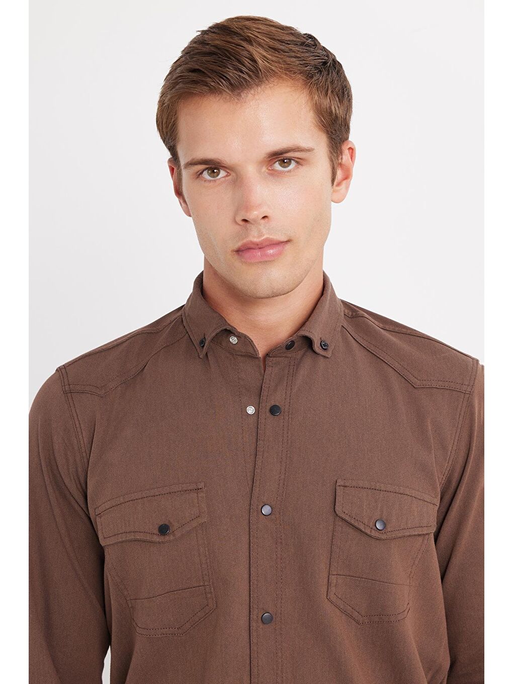 Erkek Regular Fit Rahat Kesim Çift Cepli Spor Yaka Denim Kahverengi Gömlek-1