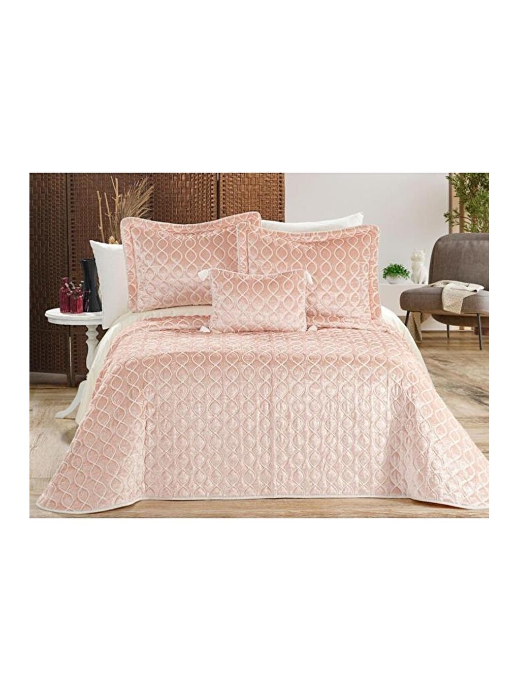 Pembe Brillance Çift Kişilik Yatak Örtüsü Pudra-1