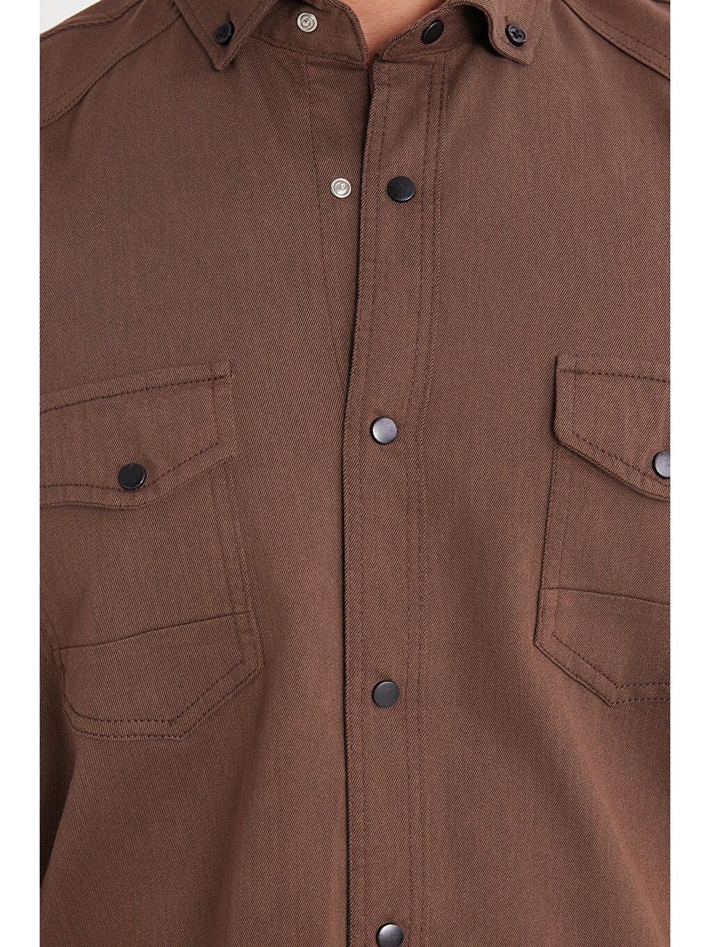Erkek Regular Fit Rahat Kesim Çift Cepli Spor Yaka Denim Kahverengi Gömlek-2