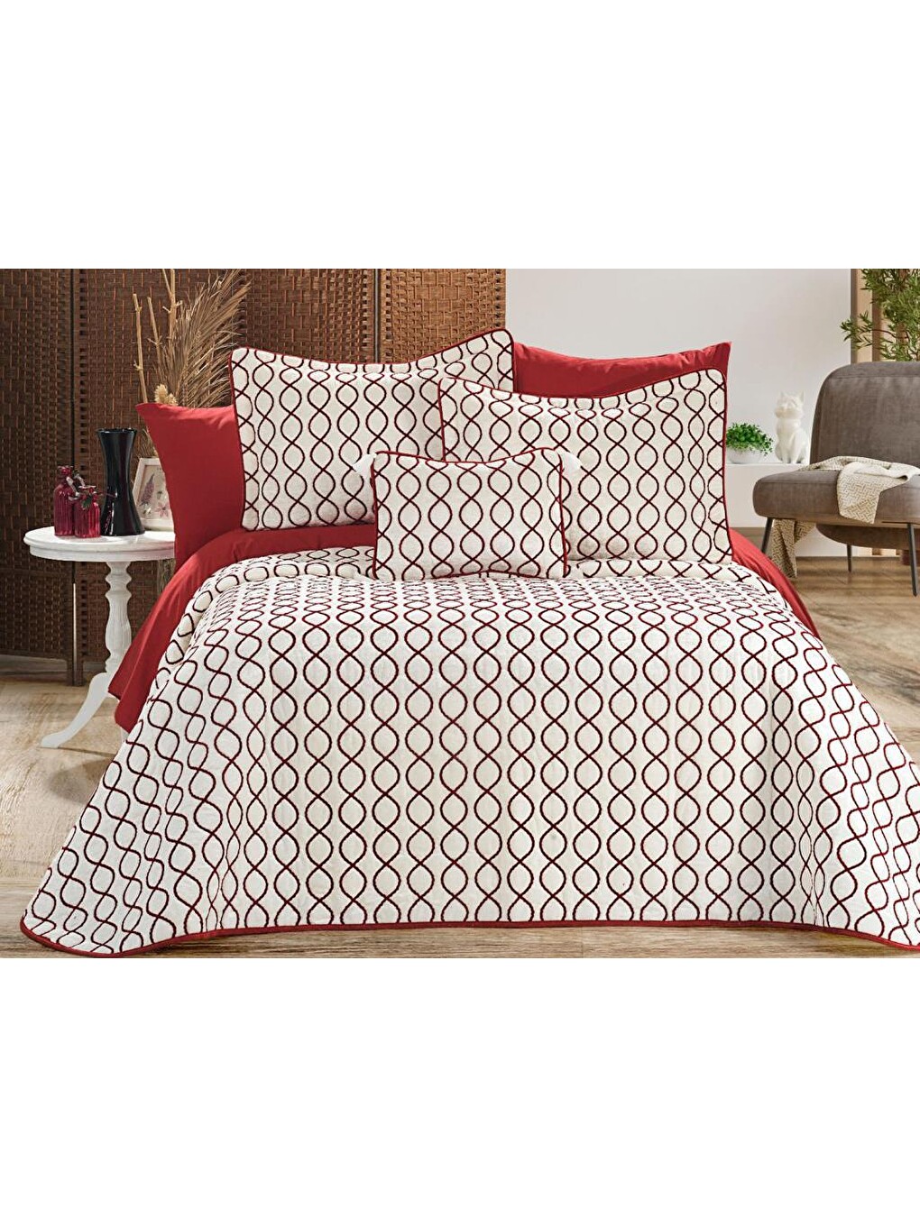 Karışık Brillance Çift Kişilik Yatak Örtüsü Krem Bordo