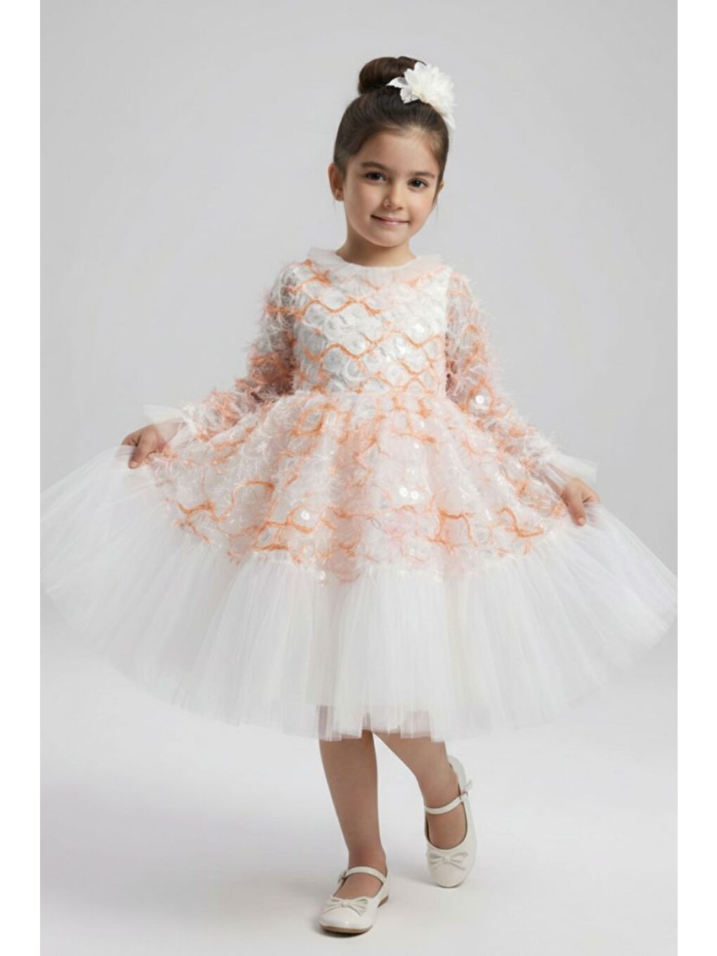 Pembe Kız Çocuk İspanyol Kol Tül Detaylı Kabarık Etekli Özel Düğün Elbisesi M00793