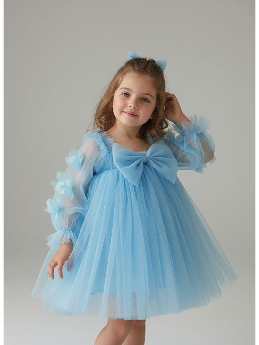 Kız Çocuk Pamuklu Mavi Tül Detaylı Fiyonk Elbise