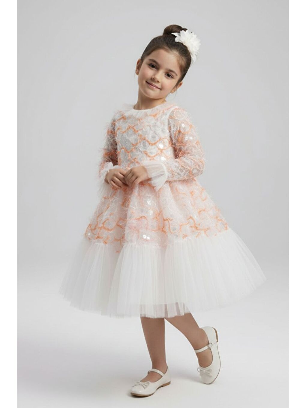 Pembe Kız Çocuk İspanyol Kol Tül Detaylı Kabarık Etekli Özel Düğün Elbisesi M00793-1