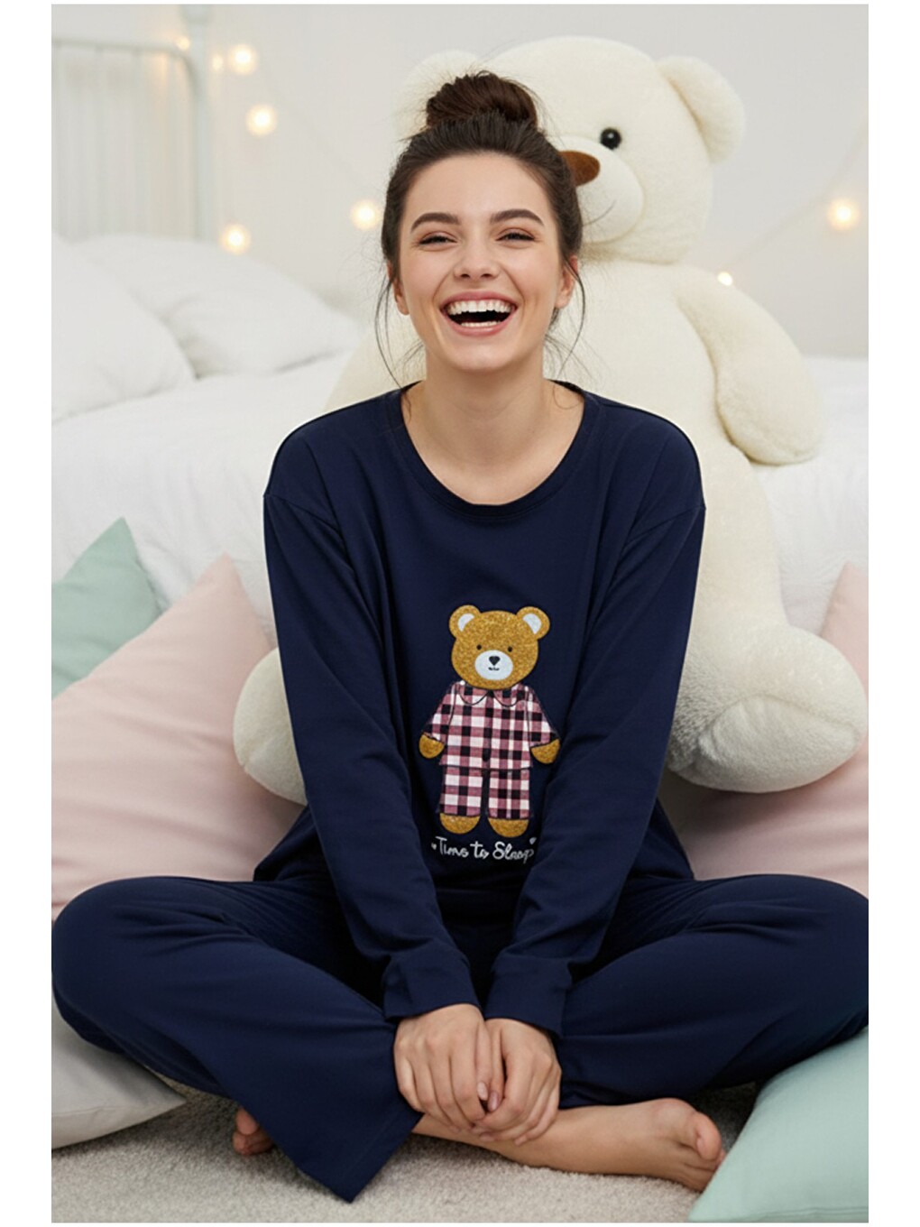 Lacivert Ayıcık Baskılı Örme Pijama Takım 7968