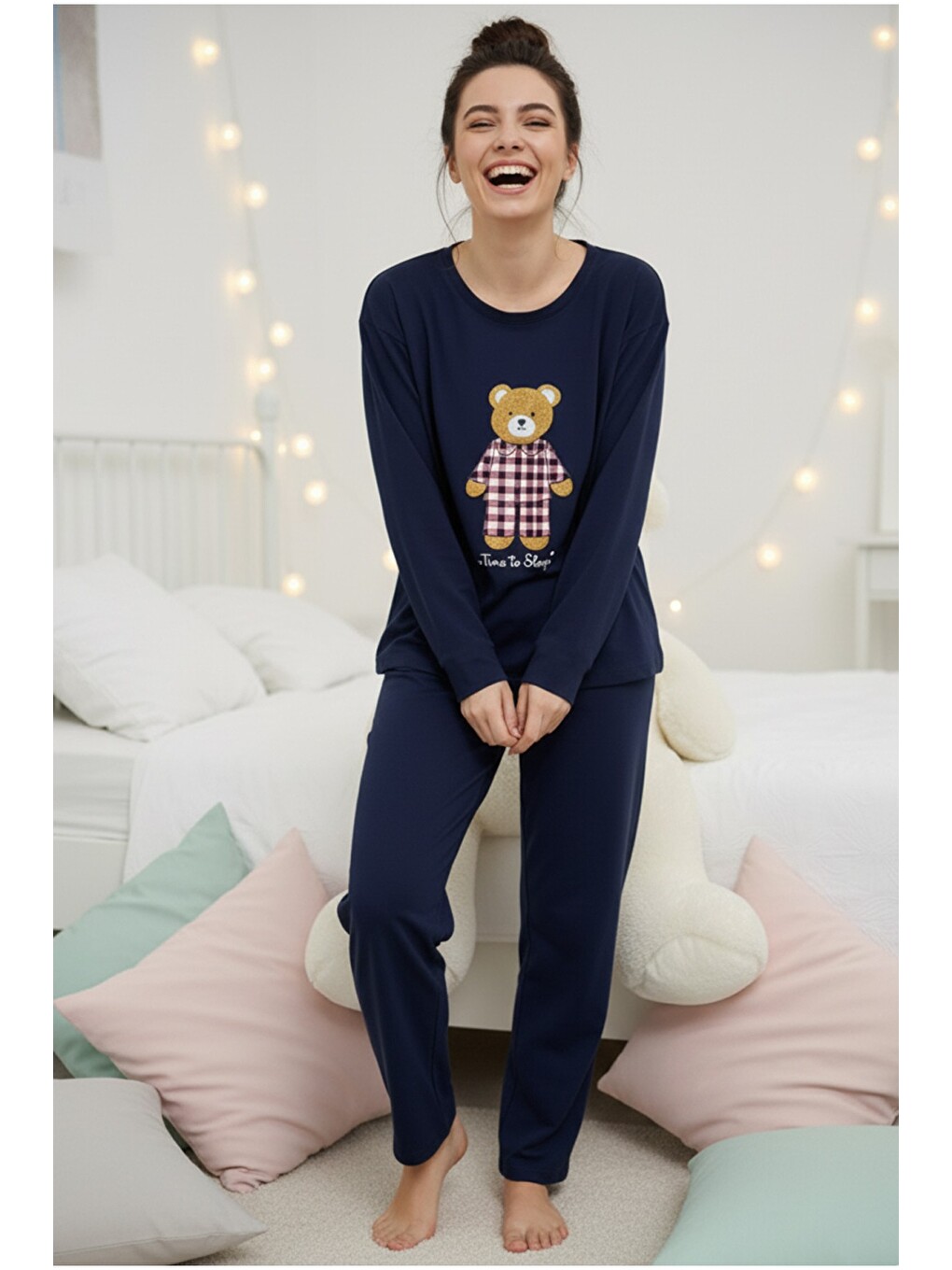 Lacivert Ayıcık Baskılı Örme Pijama Takım 7968-1