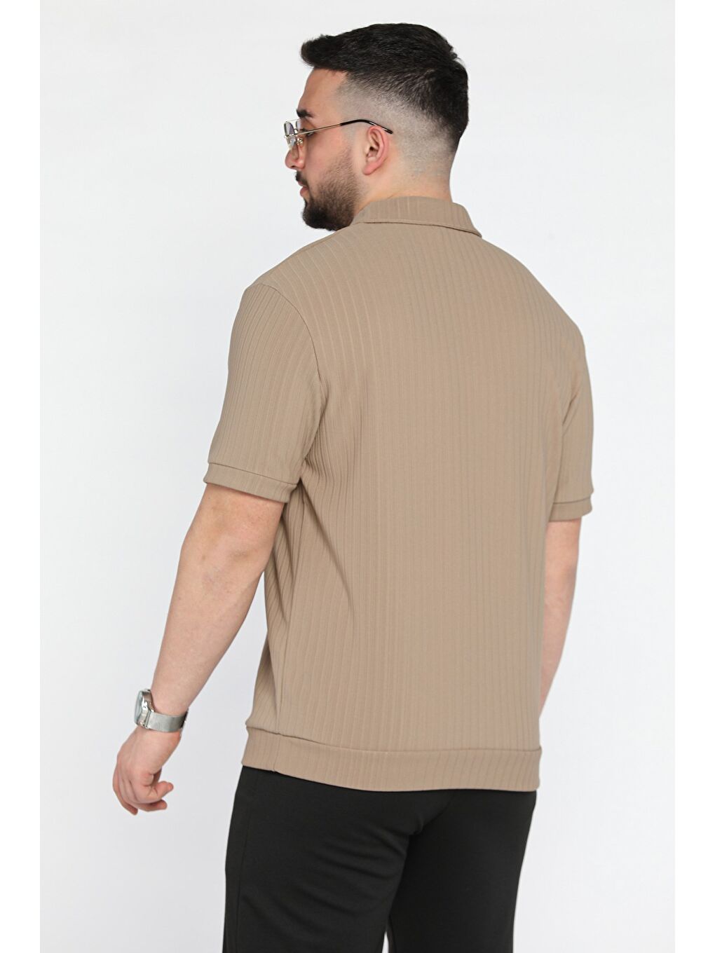 Bej Erkek Polo Yaka Yarım Fermuarlı Tişört-2