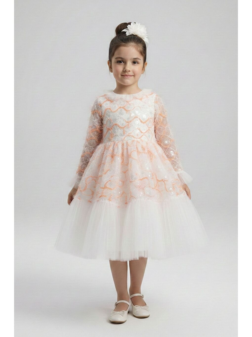 Pembe Kız Çocuk İspanyol Kol Tül Detaylı Kabarık Etekli Özel Düğün Elbisesi M00793-2