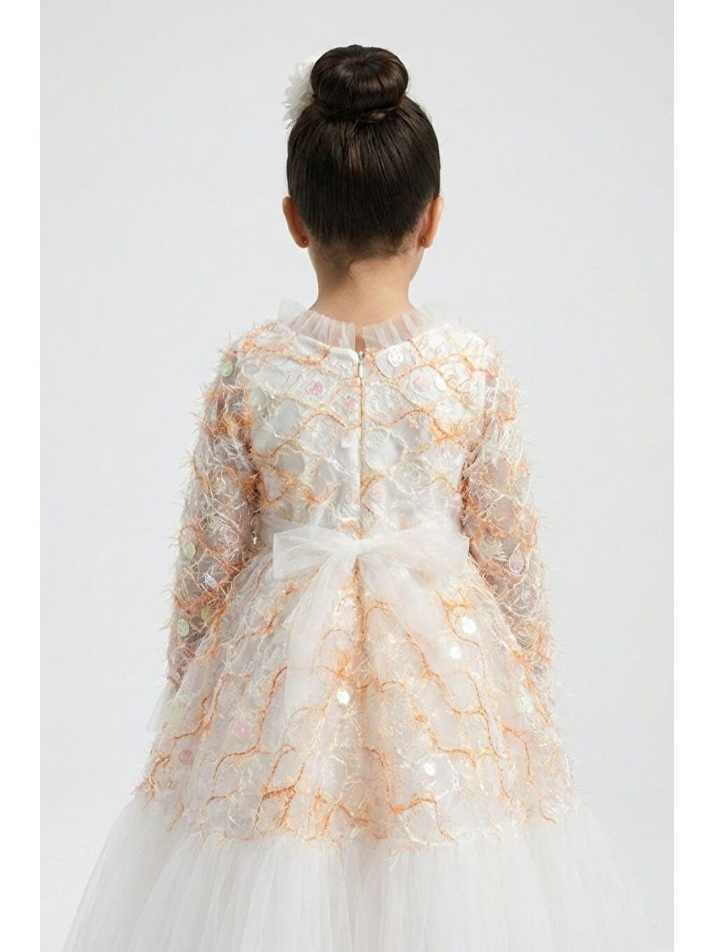 Pembe Kız Çocuk İspanyol Kol Tül Detaylı Kabarık Etekli Özel Düğün Elbisesi M00793-3