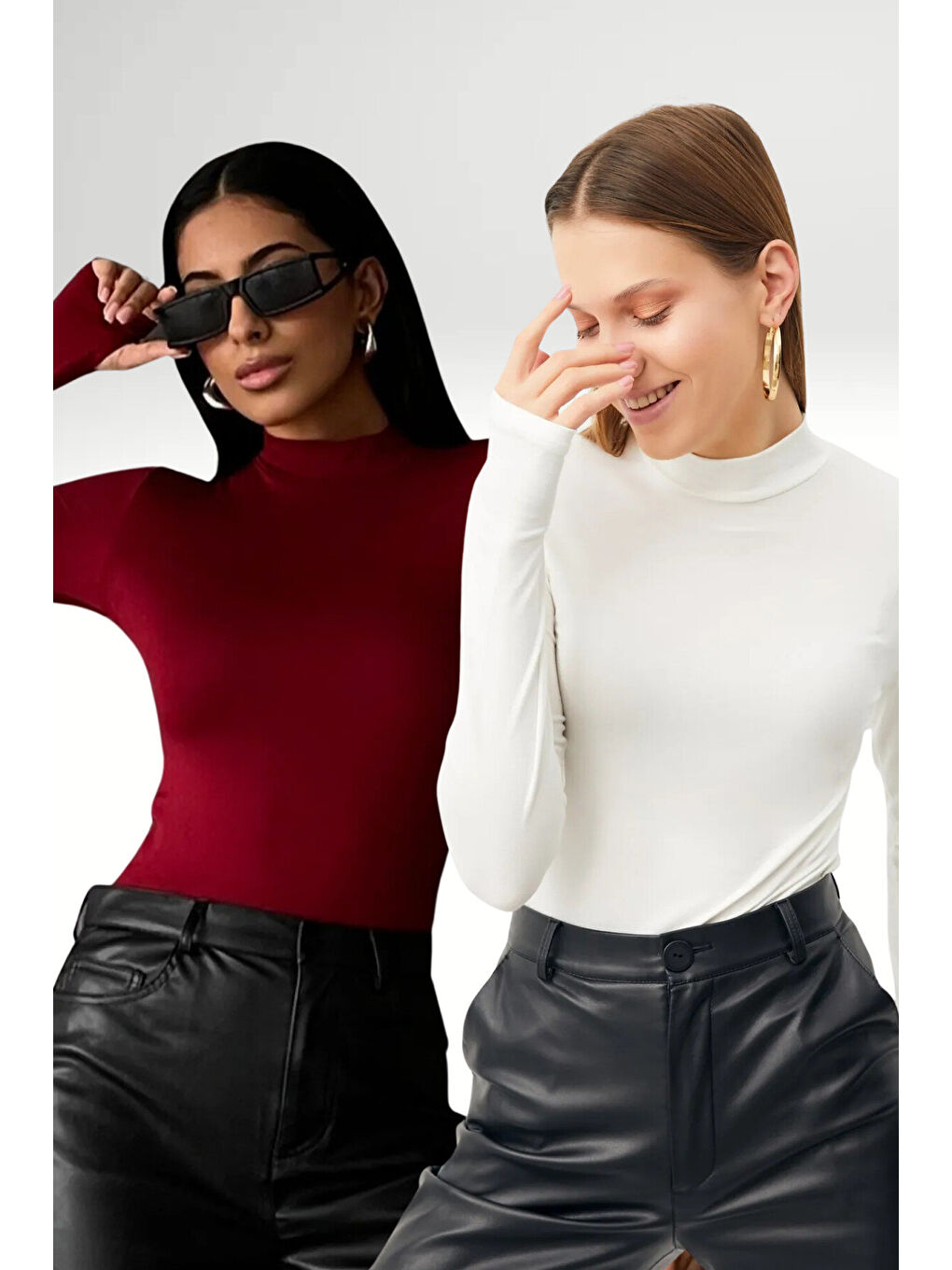 Kadın Bordo Beyaz 2'li Parmak Detaylı Body