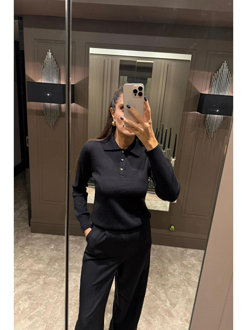 Kadın Siyah Polo Yaka Kazak 1014-2402-1