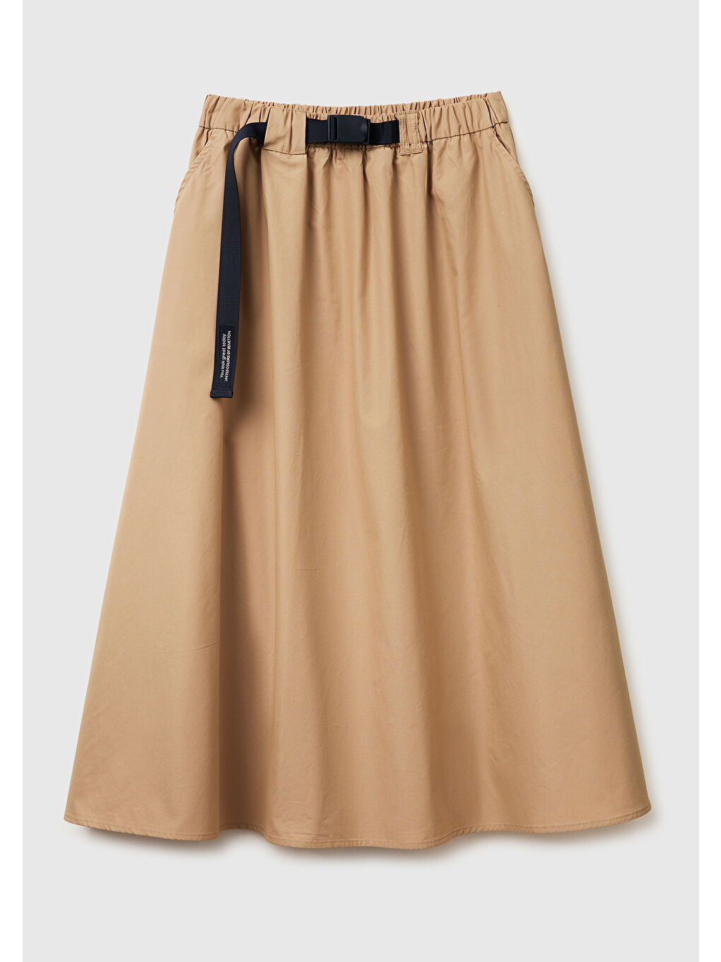 Kadın Bej %100 Pamuk Elastik Bel Detaylı Yan Cepli Midi Etek-1